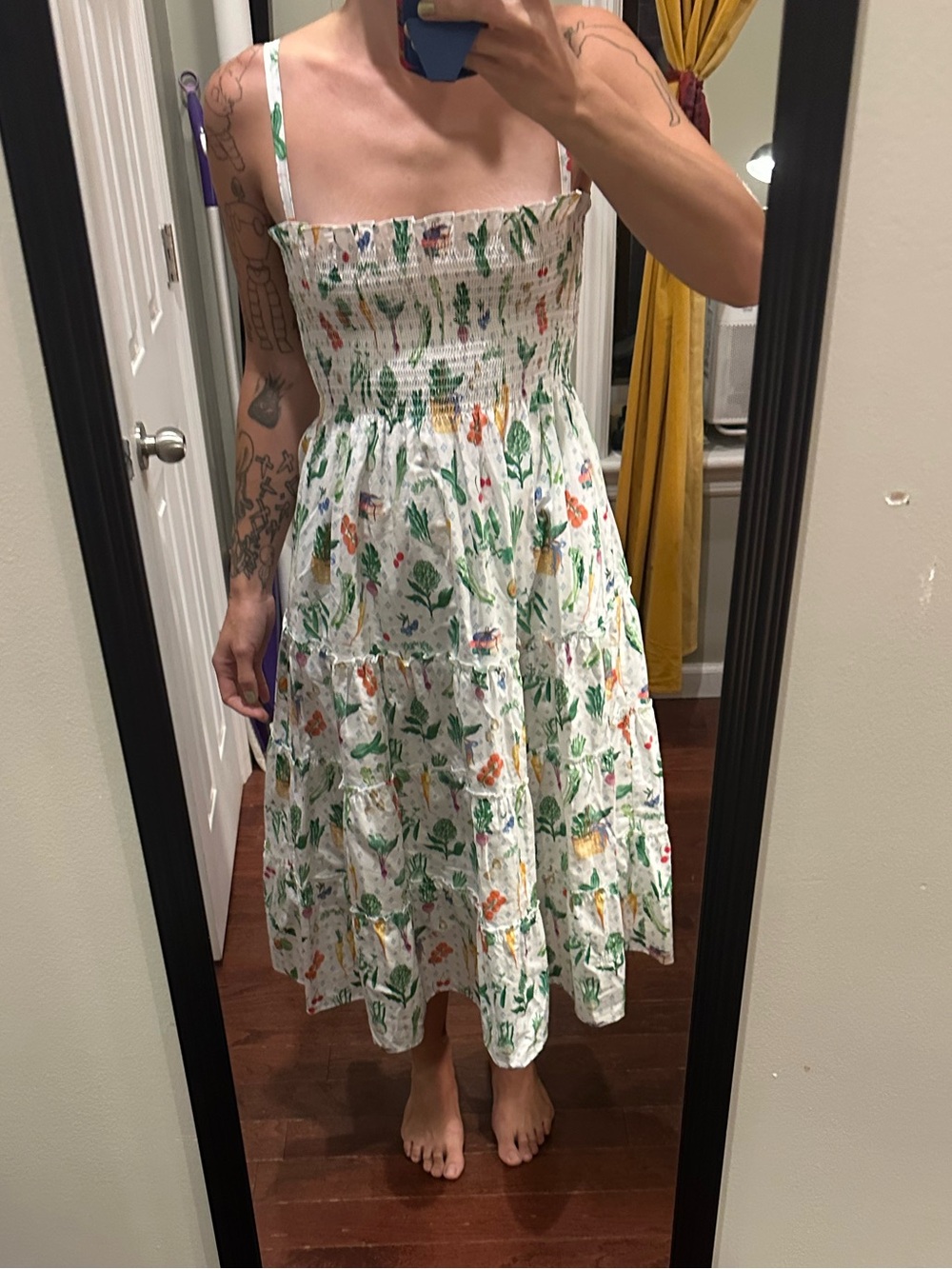 Hill House Smocked Floral Midi Nap Dress - White with Garden Print